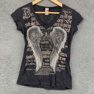 Vtg Rock & Rose Womens V-Neck Graphic T-Shirt Black Emo Grunge Y2k Medium